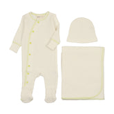 MEMA KNITS 3PC SIDE SNAP CONTRAST FOOTIE, BEANIE AND BLANKET SET